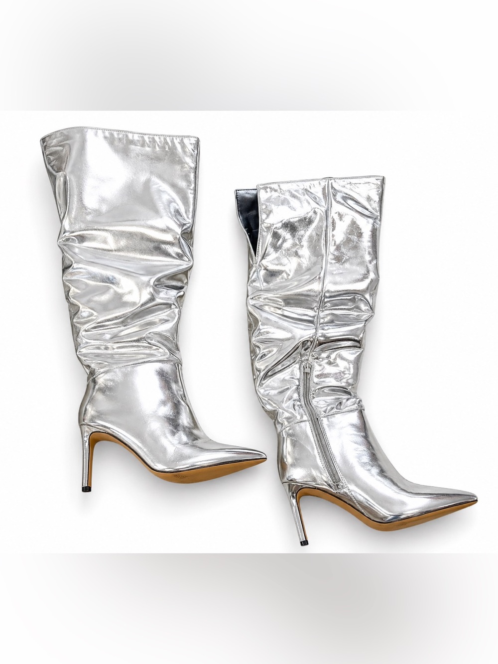 INC Silver Metallic Slouch Boots Size 6 | Statement Knee High Stiletto Heels
